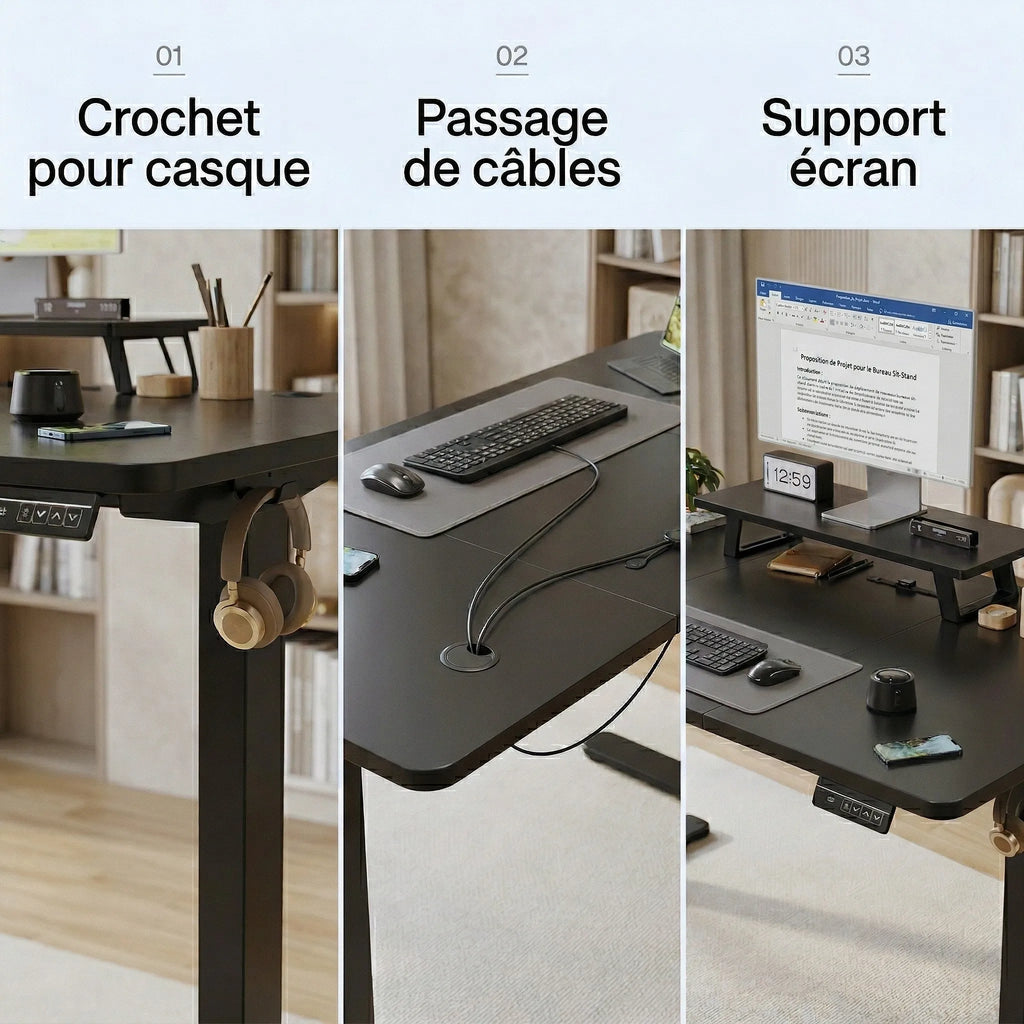 Fonctionnalités du bureau assis-debout incluant un crochet pour casque audio, un passe-câbles intégré et un support d'écran ergonomique.