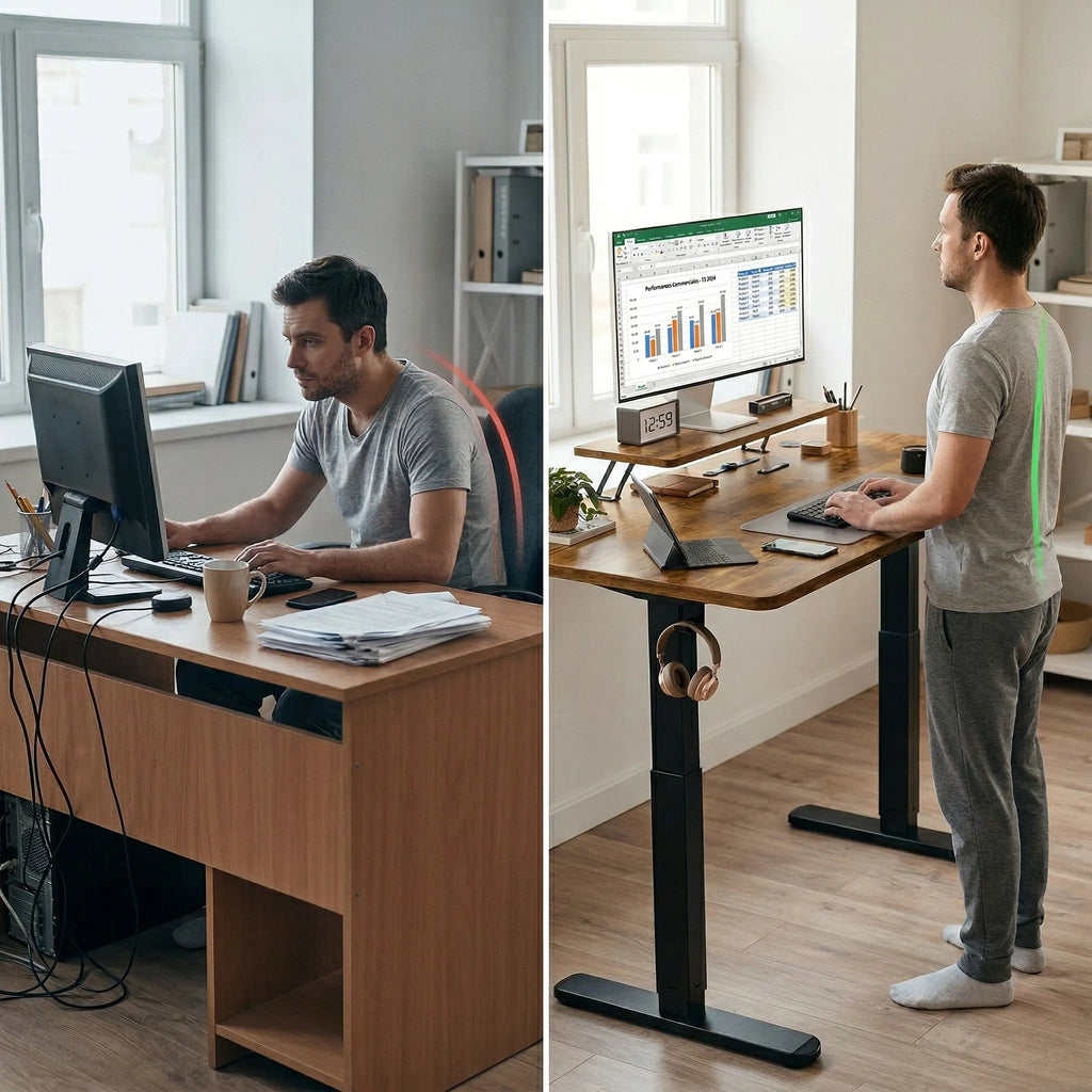 Comparaison de posture au travail entre un bureau classique causant des douleurs au dos et un bureau assis-debout favorisant une colonne vertébrale droite.