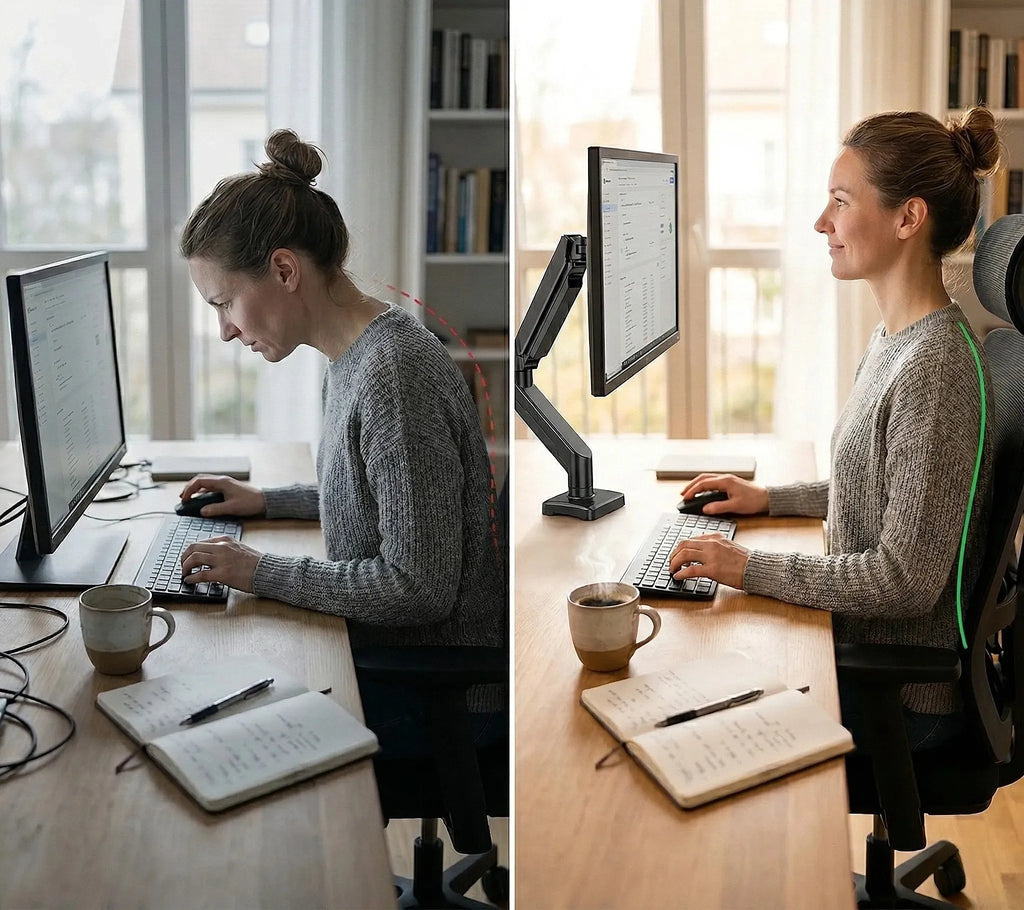 Comparaison de posture : une femme courbée sans support écran face à une femme avec le dos droit grâce à un bras articulé ergonomique réglé à hauteur des yeux.