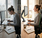 Comparaison de posture : une femme courbée sans support écran face à une femme avec le dos droit grâce à un bras articulé ergonomique réglé à hauteur des yeux.
