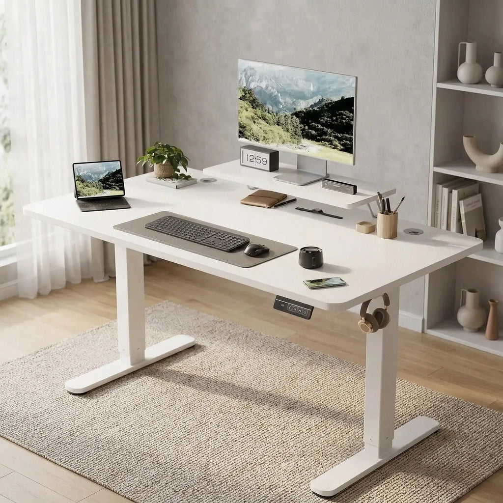 Bureau assis-debout électrique blanc entièrement équipé pour le télétravail avec support d'écran, ordinateur, clavier et décoration.