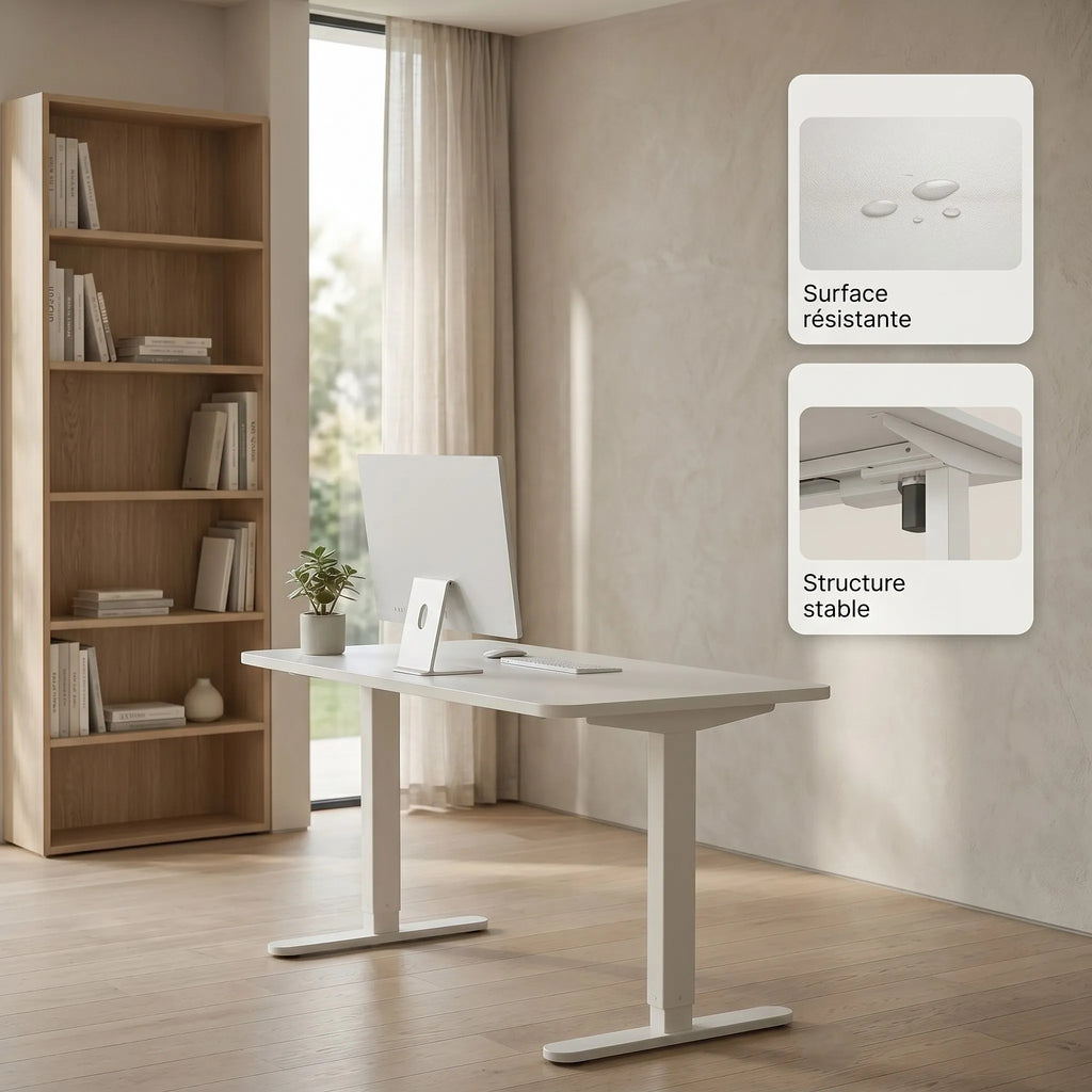 Bureau assis-debout blanc mettant en évidence sa surface imperméable facile à nettoyer et la stabilité de son moteur électrique sous le plateau.