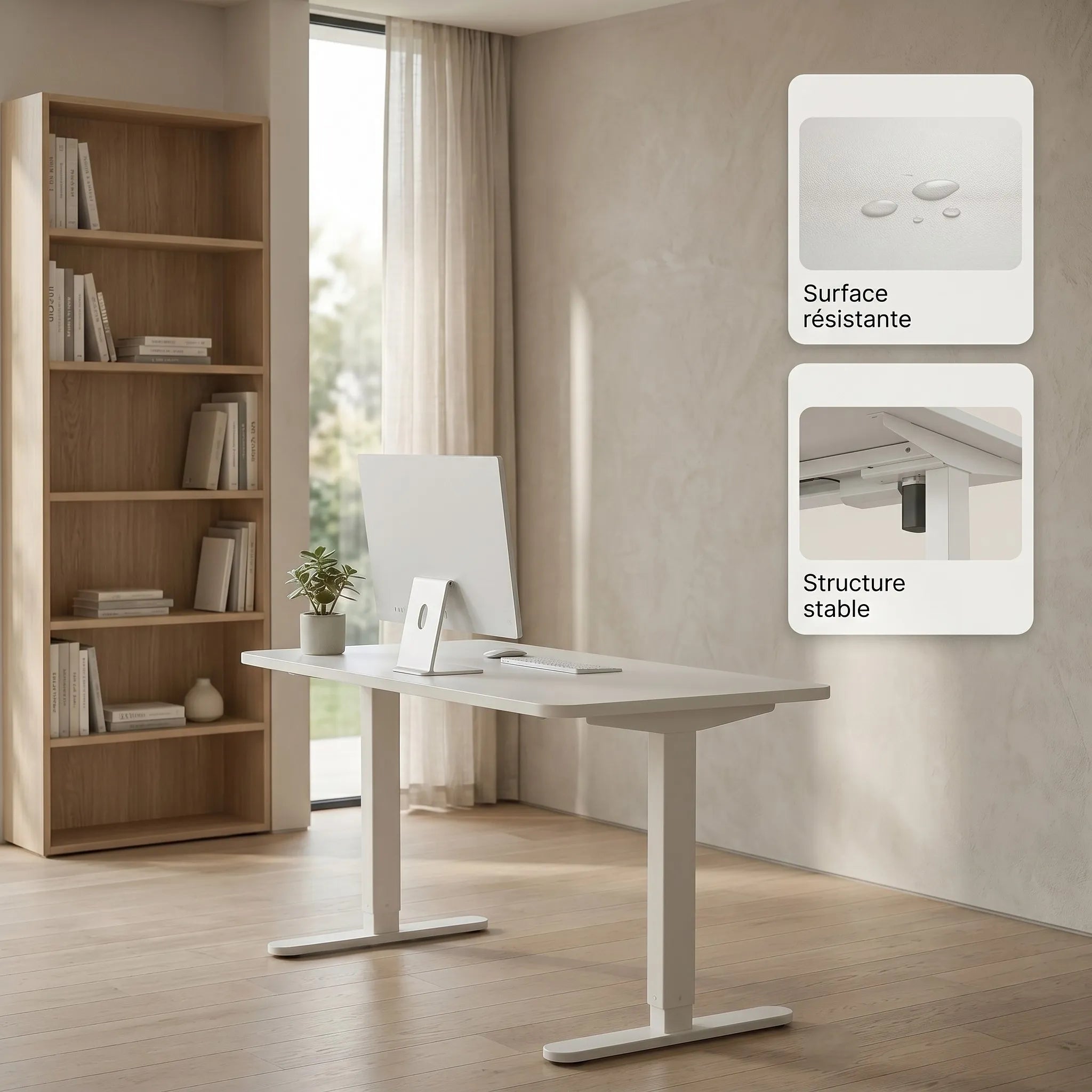Bureau assis-debout blanc mettant en évidence sa surface imperméable facile à nettoyer et la stabilité de son moteur électrique sous le plateau.