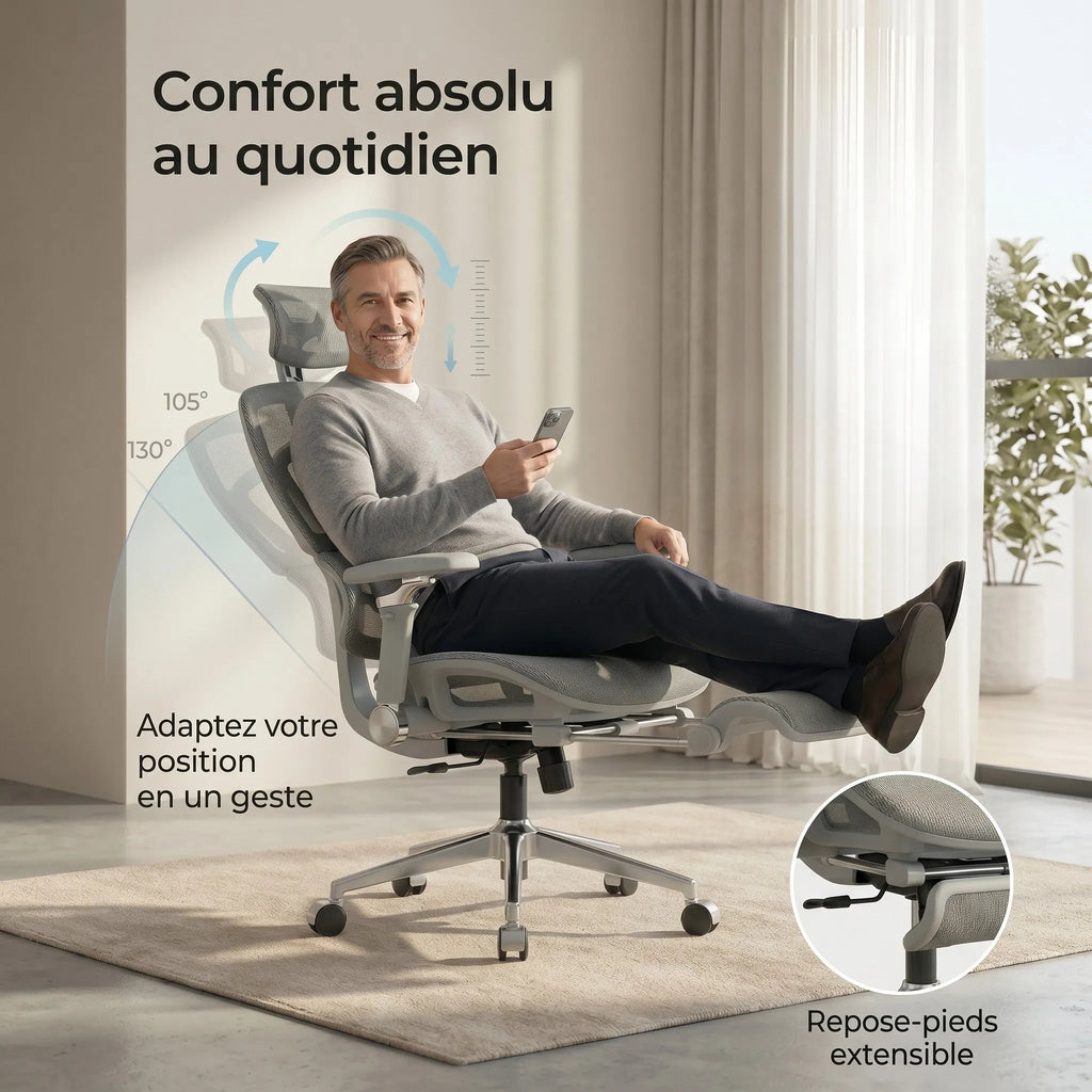 Homme relaxé dans une chaise de bureau ergonomique inclinable de 105 à 130 degrés avec repose-pieds extensible.