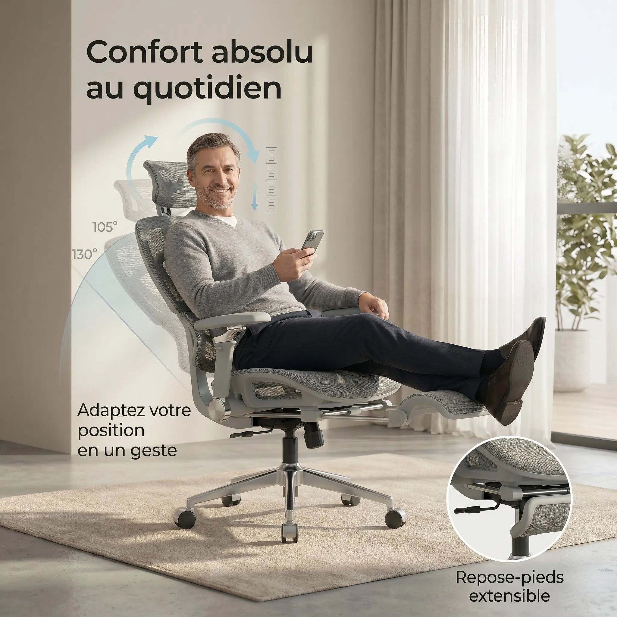 Homme relaxé dans une chaise de bureau ergonomique inclinable de 105 à 130 degrés avec repose-pieds extensible.