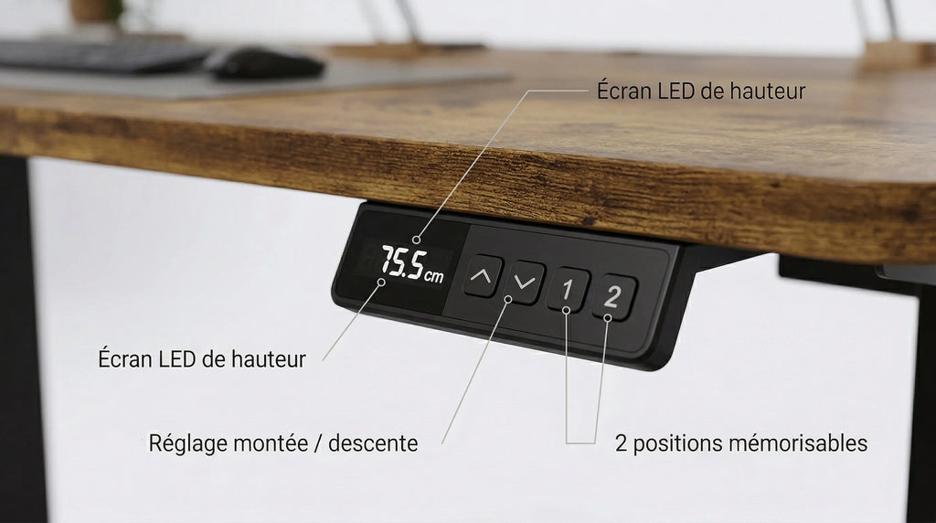 Panneau de contrôle avec écran LED pour bureau motorisé affichant la hauteur et les boutons de mémorisation.