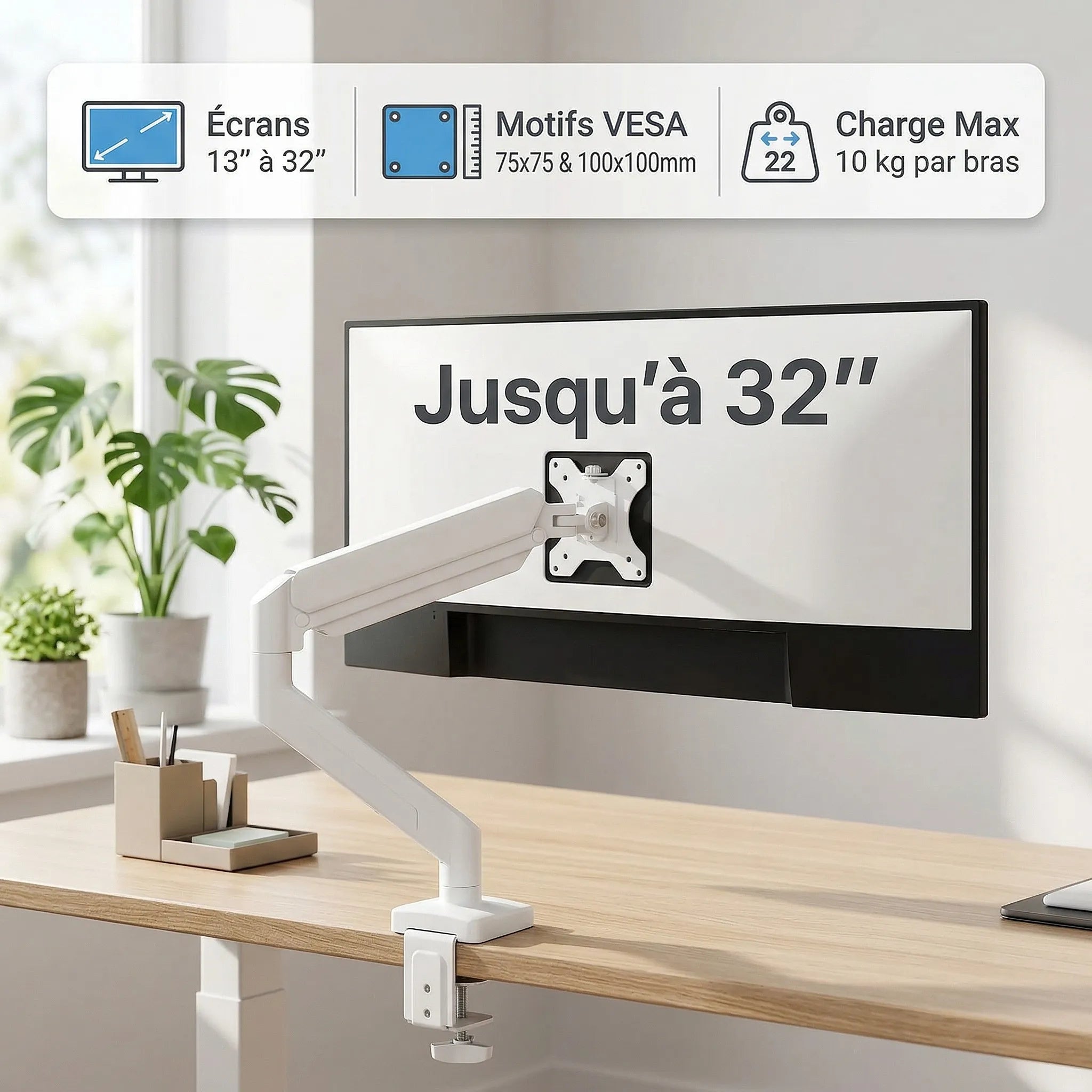 Vue arrière d'un moniteur fixé à un bras articulé noir par une plaque VESA standard, avec fixation par pince sur un bureau.