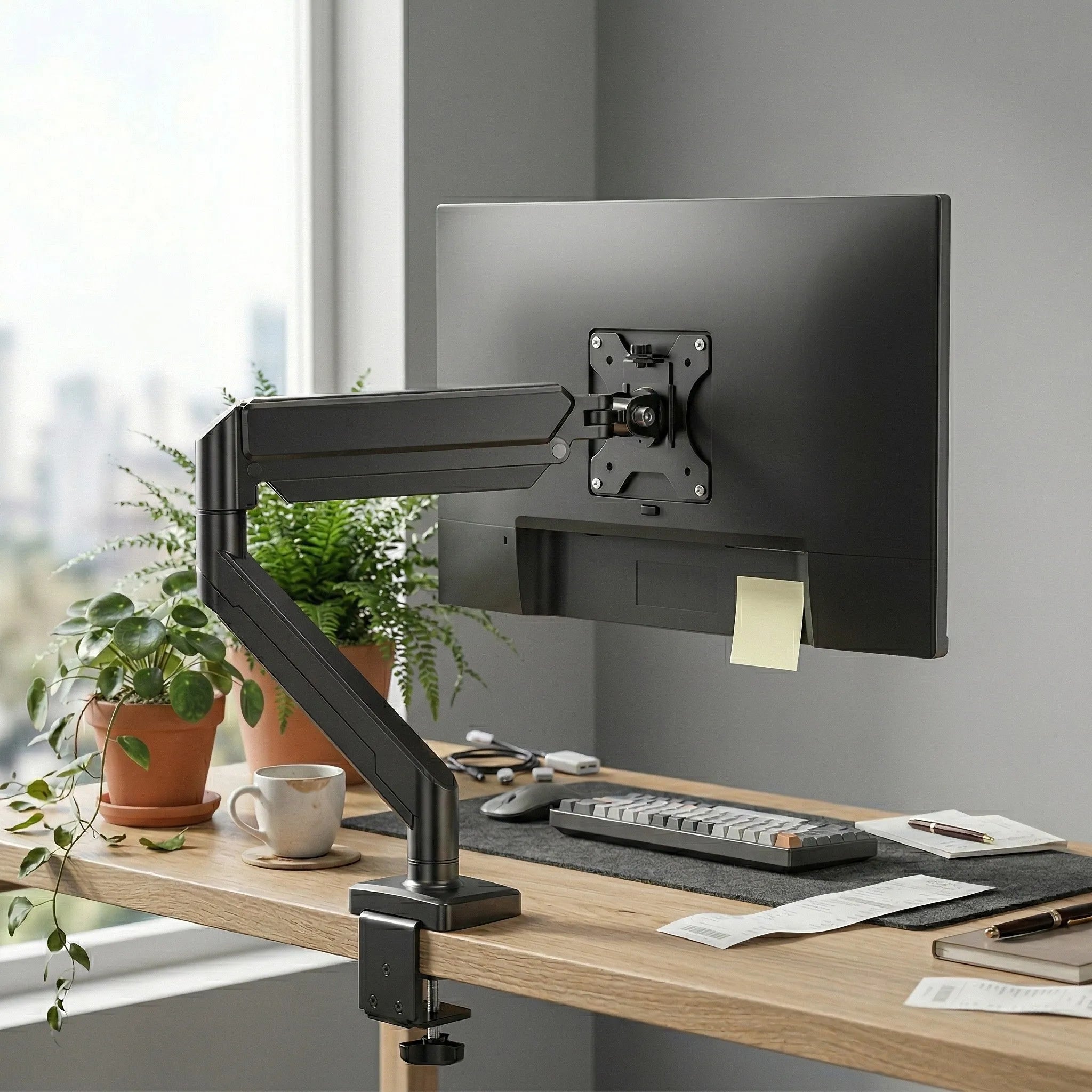 Support articulé pour écran d'ordinateur noir libérant l'espace sur un bureau en bois grâce à sa fixation robuste sur le bord de la table.