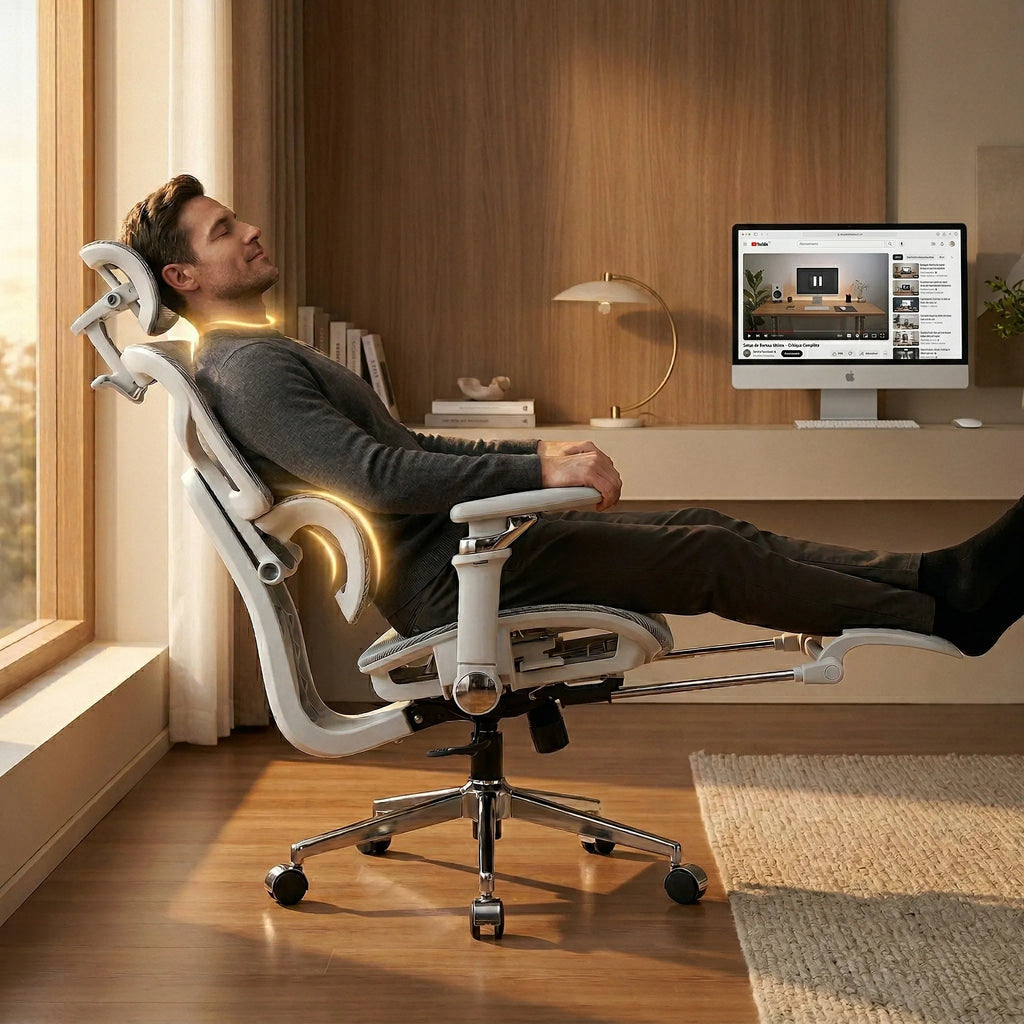 Homme détendu dans son siège ergonomique incliné, avec mise en évidence lumineuse du maintien de la nuque et du bas du dos