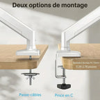 Infographie détaillant les options de montage du bras d'écran sur le bureau : par perçage passe-câbles ou via une pince en C réglable pour plateau de 10 à 70 mm.