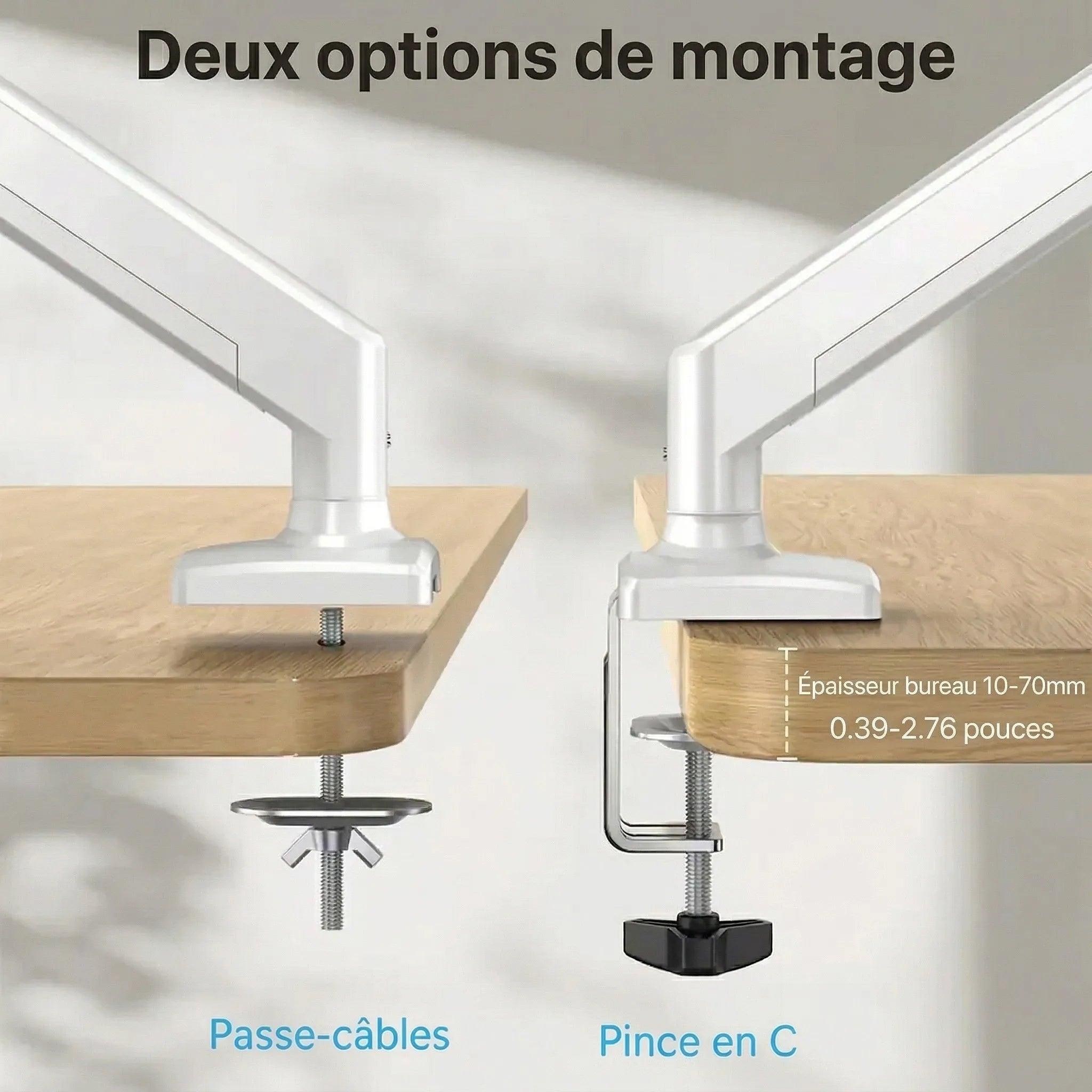Infographie détaillant les options de montage du bras d'écran sur le bureau : par perçage passe-câbles ou via une pince en C réglable pour plateau de 10 à 70 mm.