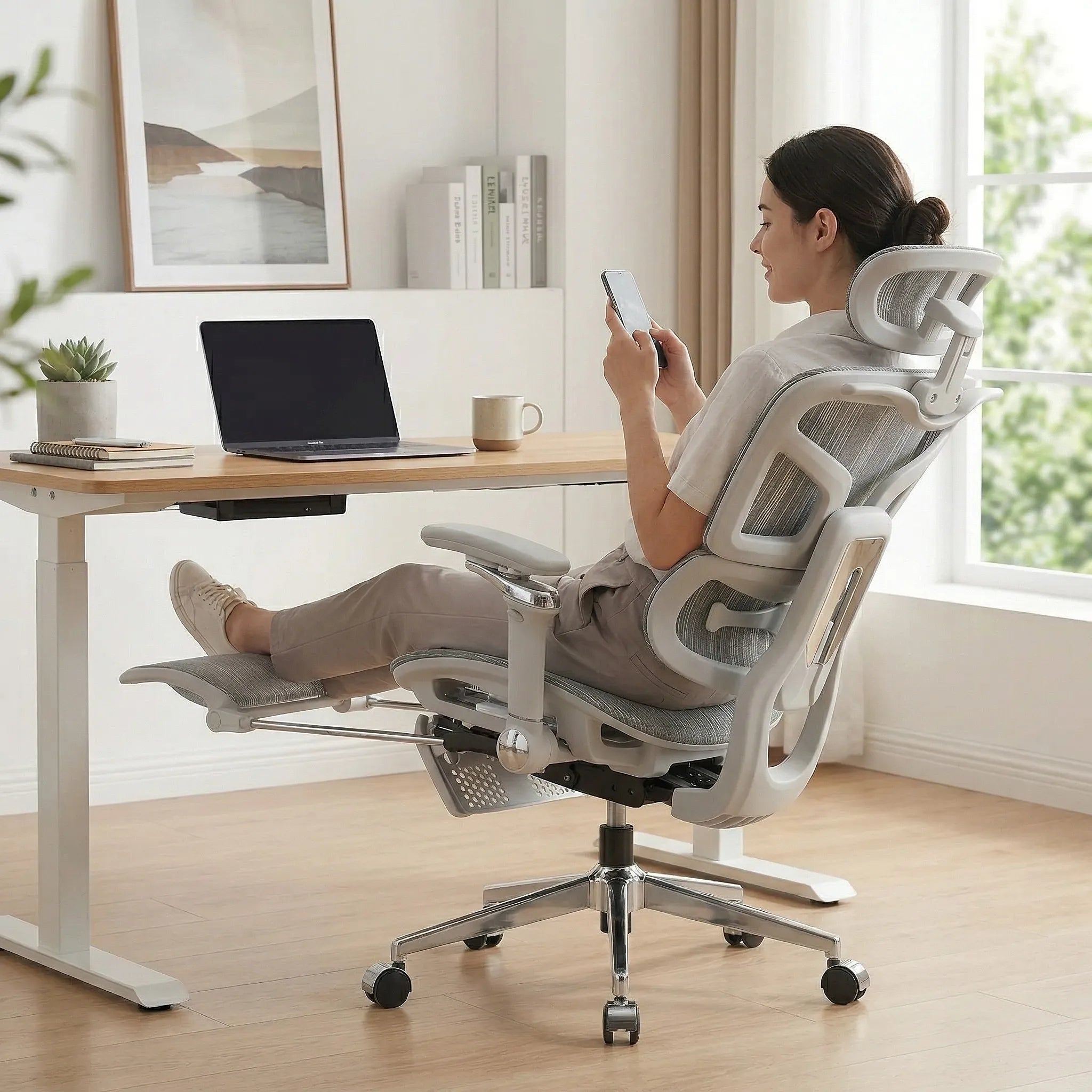 Femme utilisant son smartphone, allongée confortablement dans sa chaise de bureau inclinable avec repose-pieds sorti devant son bureau assis-debout.