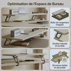 Infographie détaillant les avantages du support d'écran pour bureau : boîte de rangement intégrée, soutien robuste et fixation sécurisée.