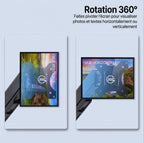 Infographie d'un support écran PC montrant la rotation à 360 degrés pour basculer facilement entre une vue horizontale et verticale.